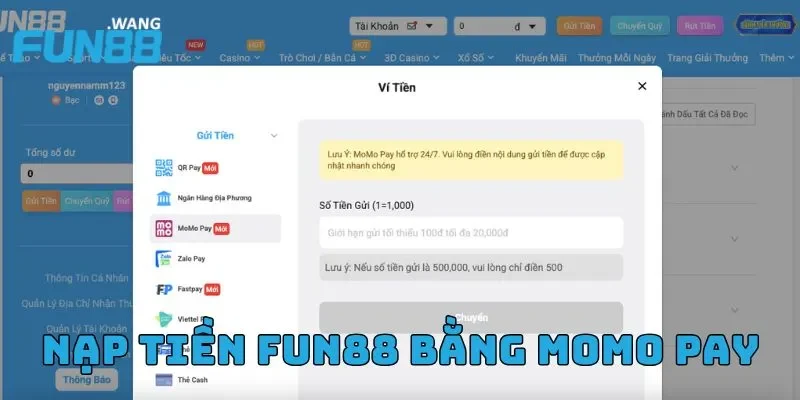 Nạp tiền Fun88 bằng Momo Pay