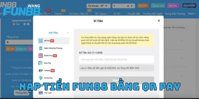Nạp tiền Fun88 bằng QR Pay
